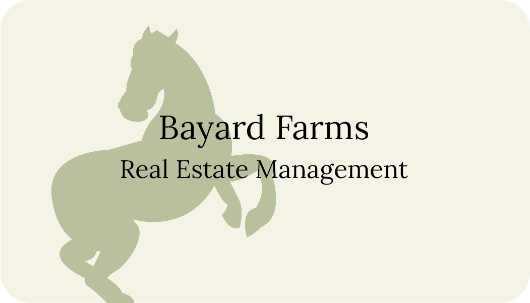 business card front - Bayard Farms Real Estate Management and green horse silhouette