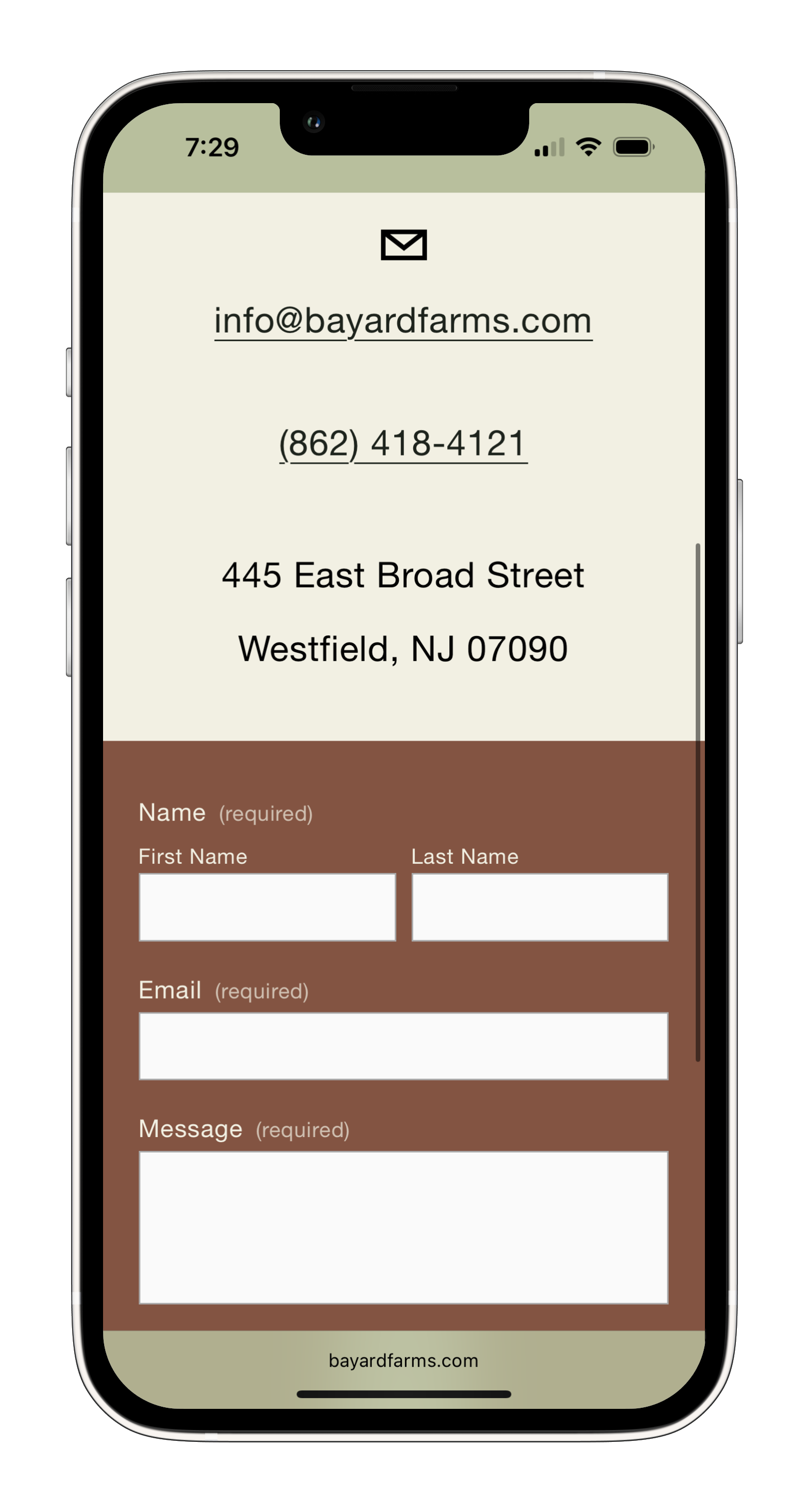 mobile site screenshot - contact page