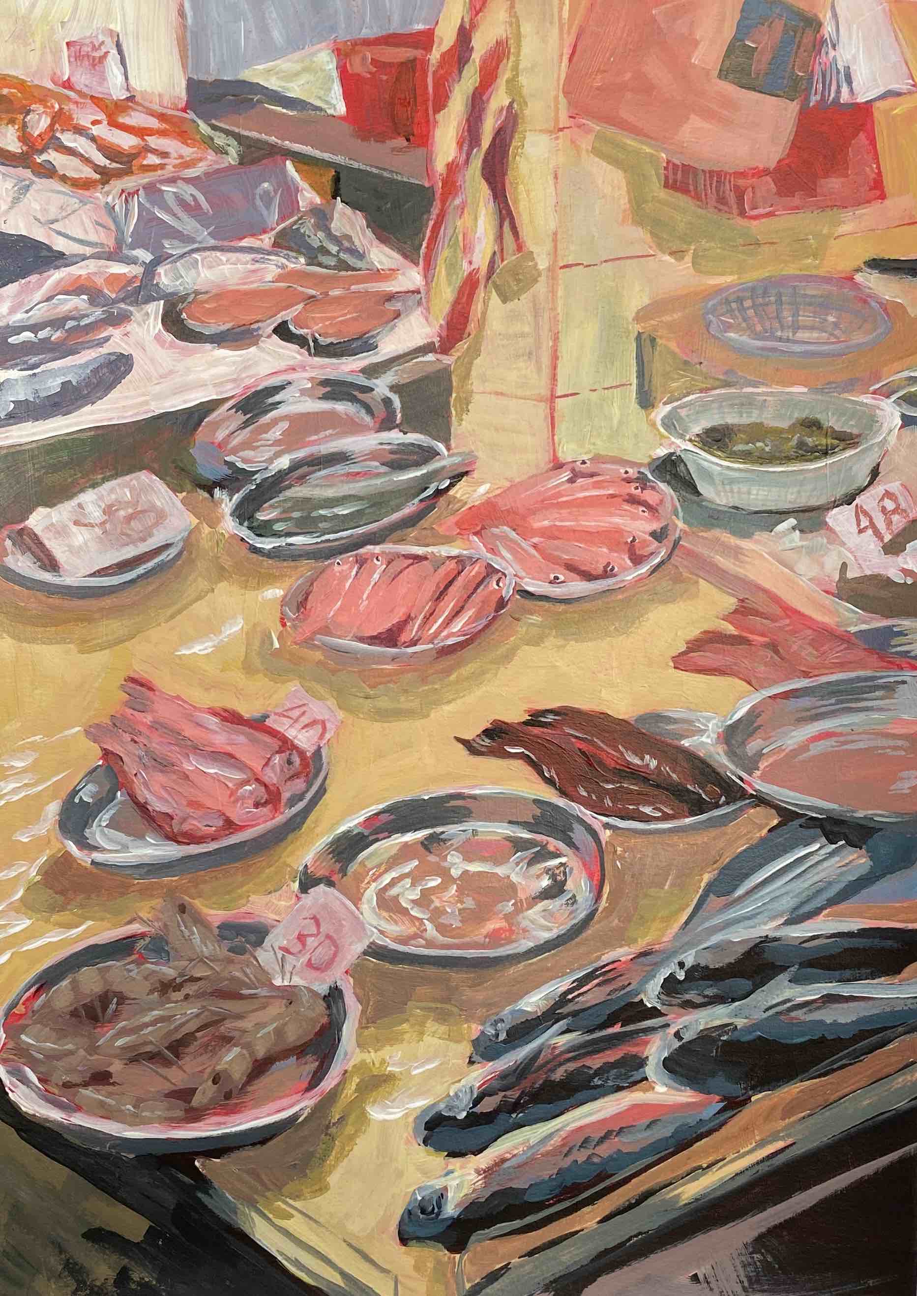 fish market scene displaying bowls of fish and seafood on ice