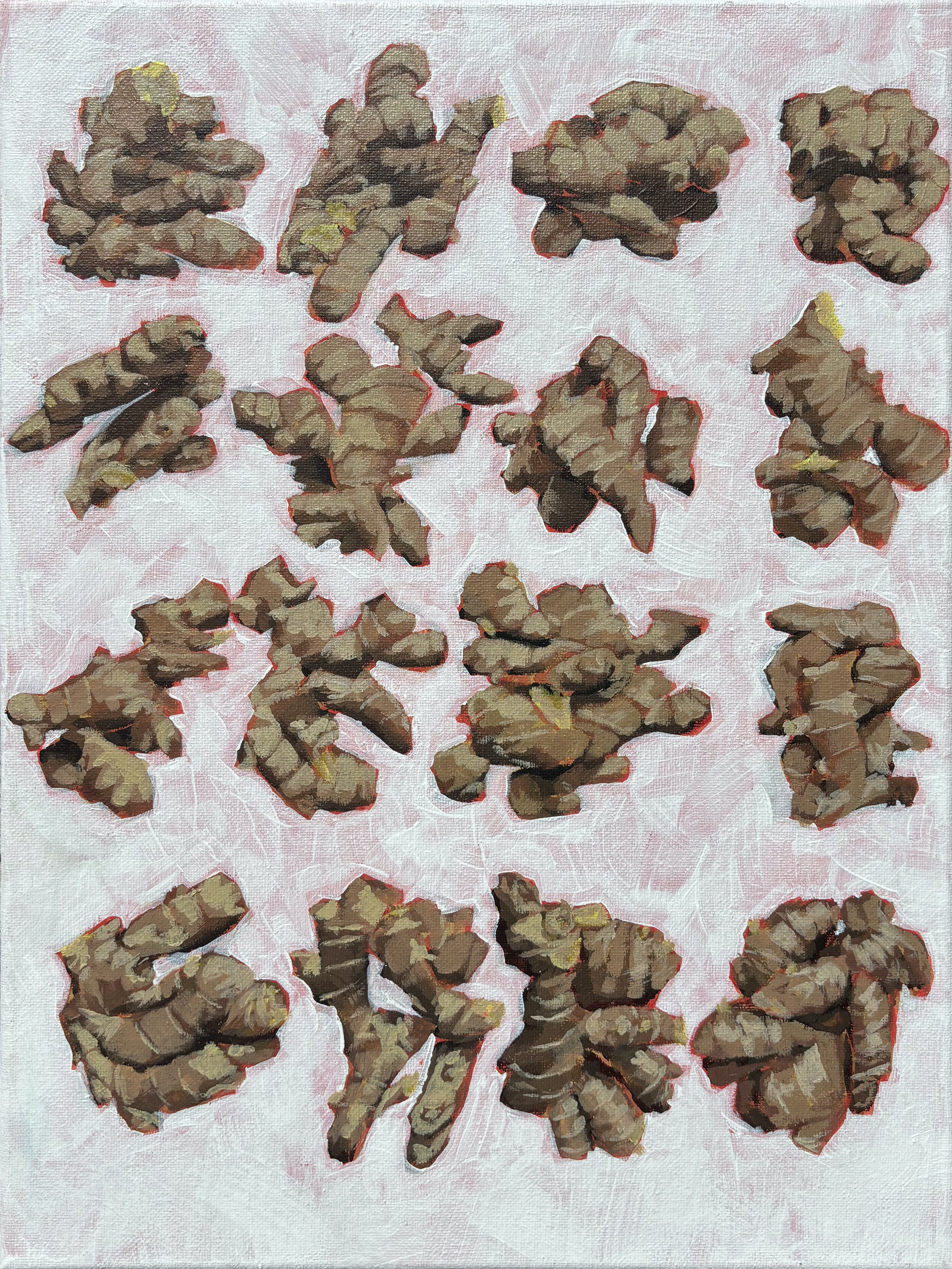 bundles of ginger and ginger pieces, arranged four by four