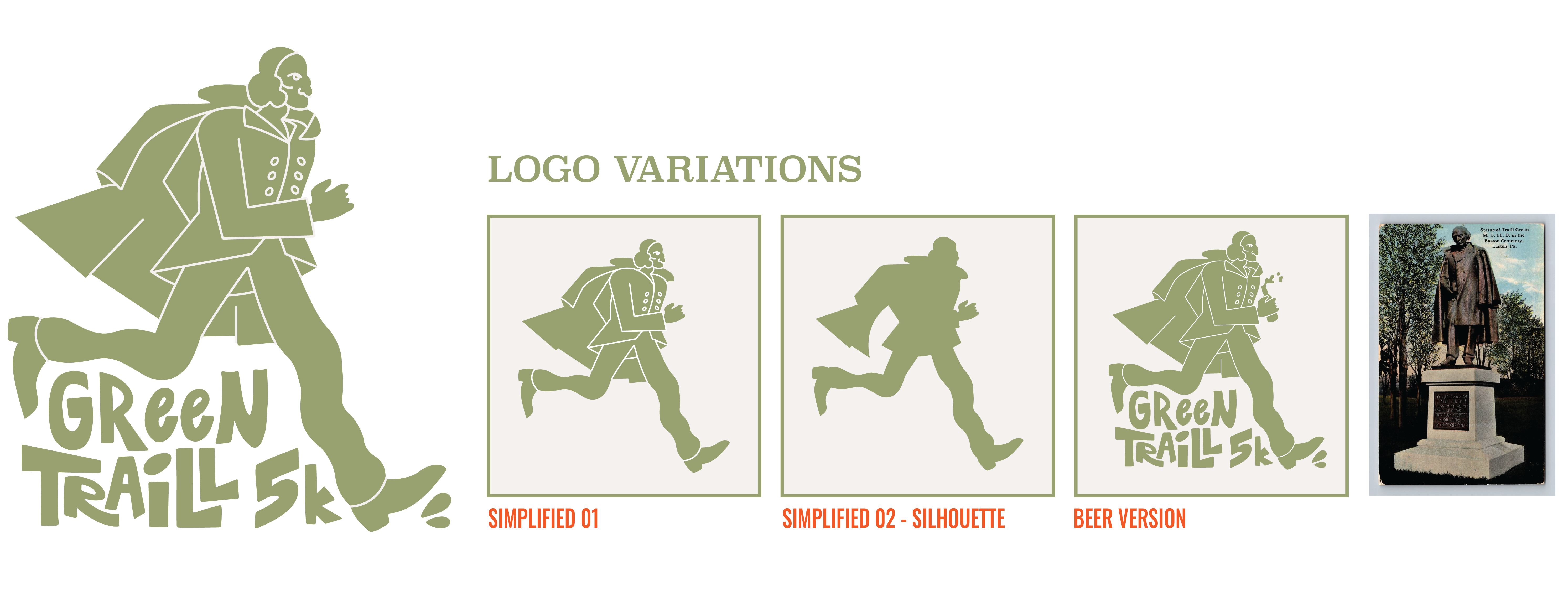 Green Traill logo - green running man with cape - and additional variations