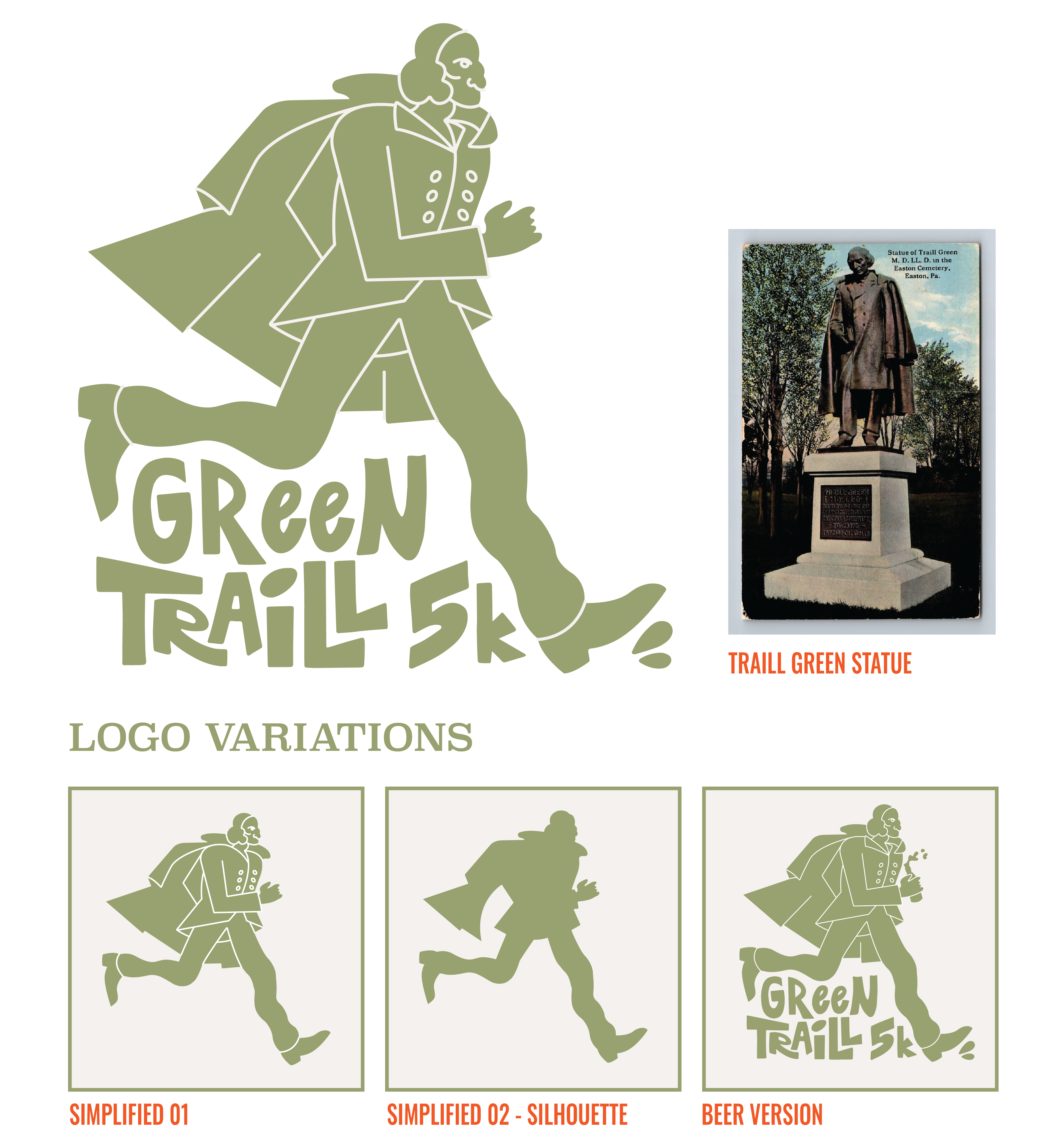 Green Traill logo - green running man with cape - and additional variations