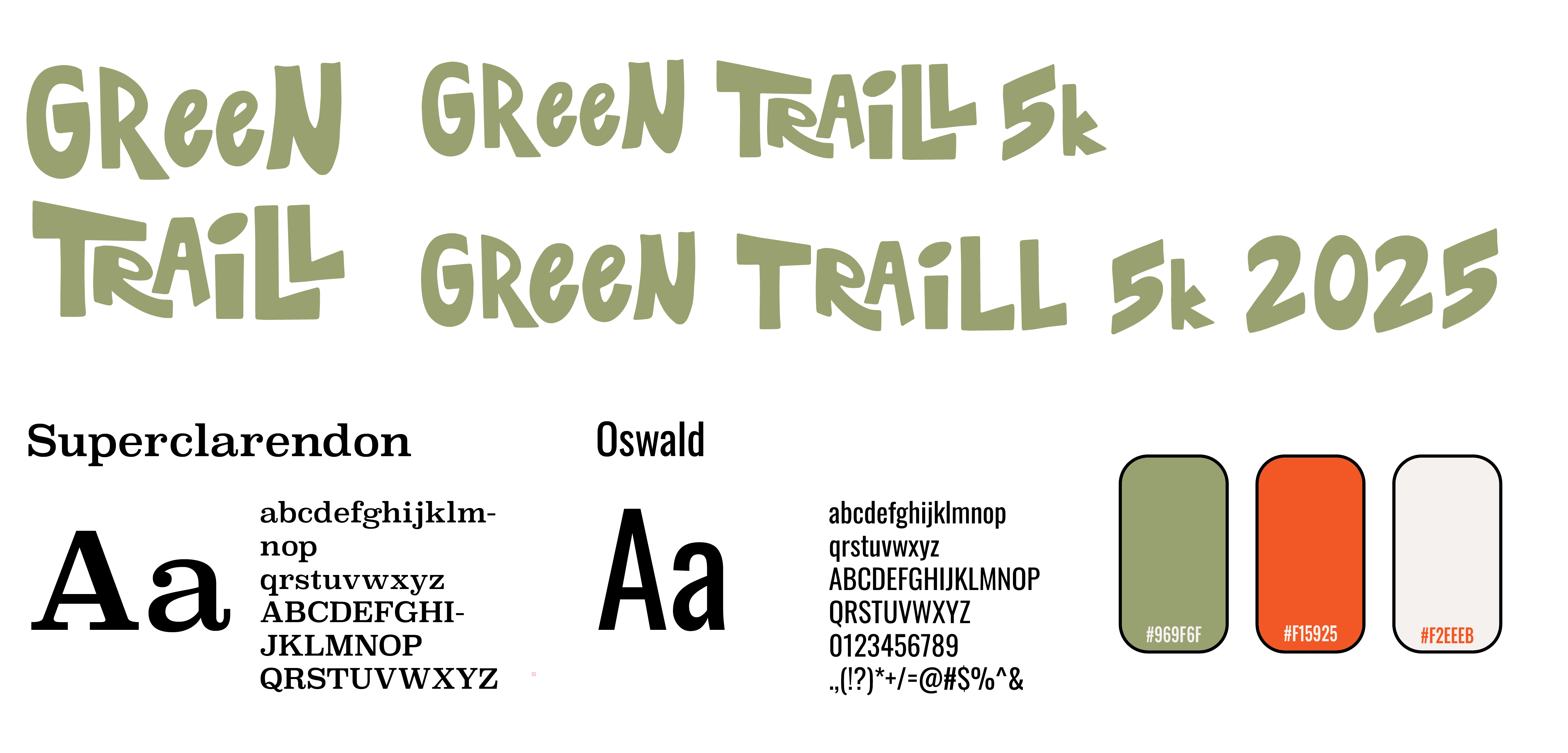 typography and color palette - custom font, superclarendon, oswald - green, orange, white