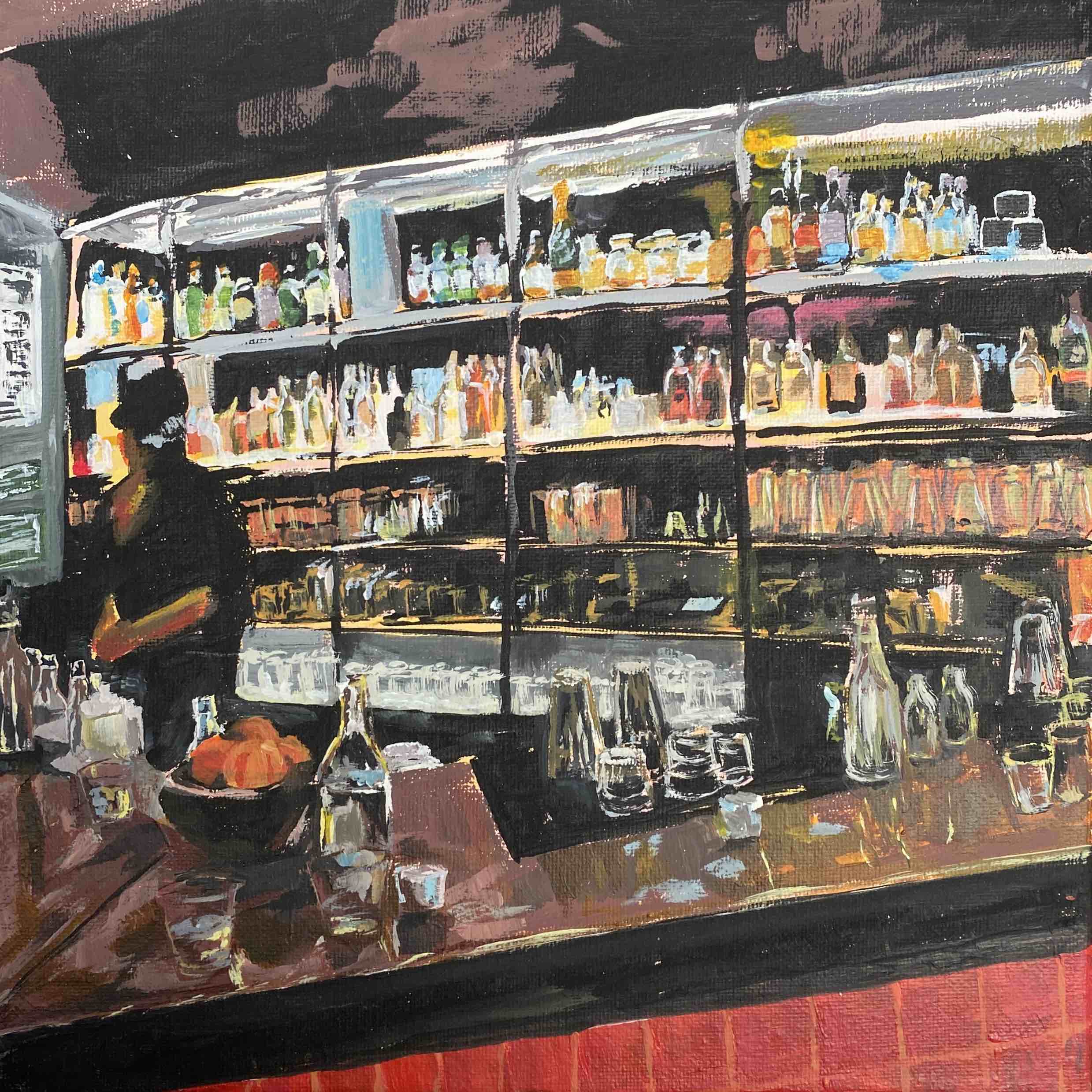 gugu room - a dark bar counter and the lit wall of bottles