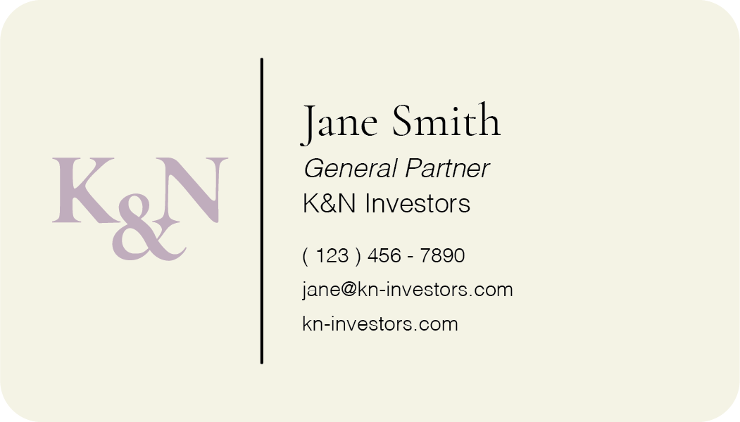 business card back - K&N (in purple) and character information