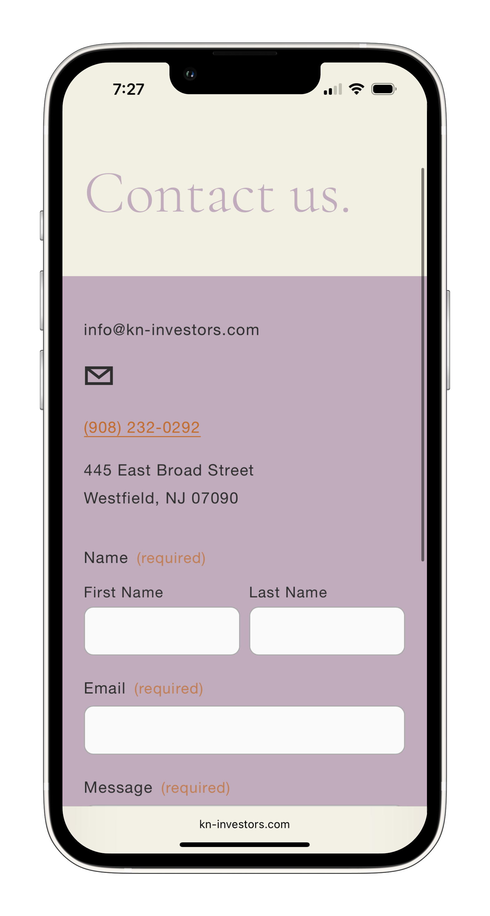 mobile site screenshot - contact page