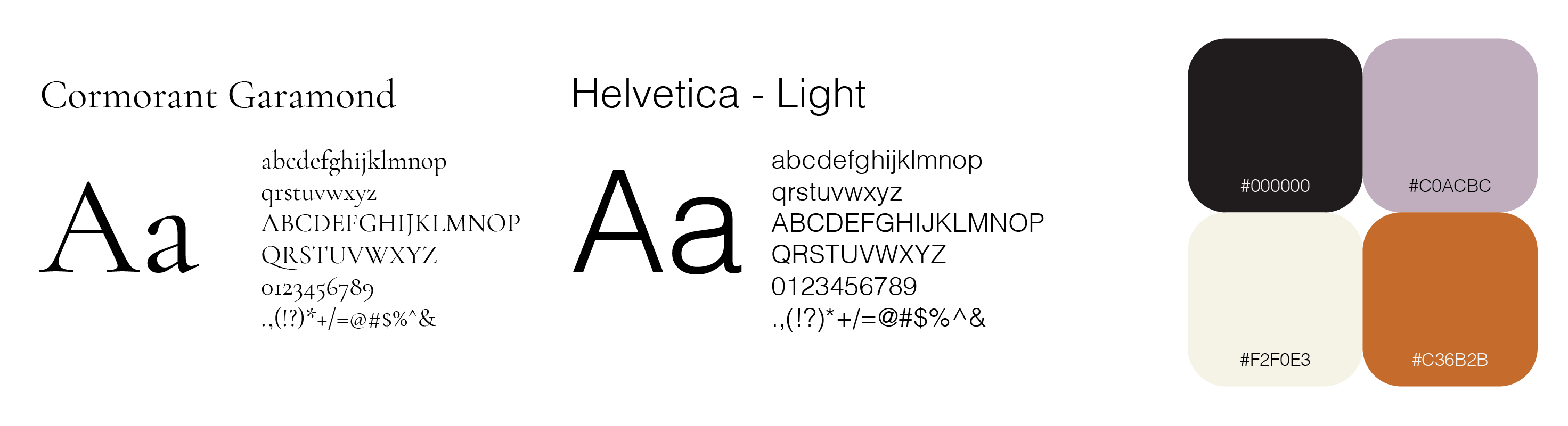 typography and color palette - cormorant garamond, helvetica light - purple, orange, black, white