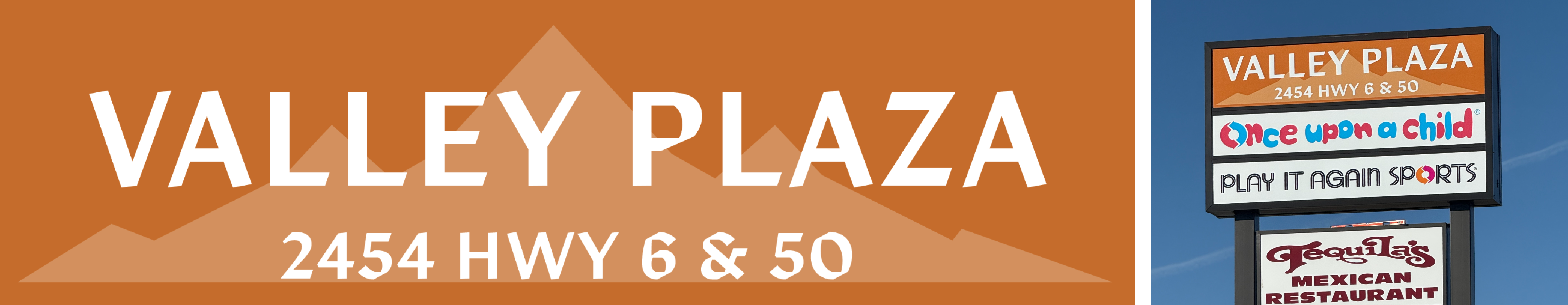 valley plaza sign design - the words valley plaza with a faint outline of a mountain behind them