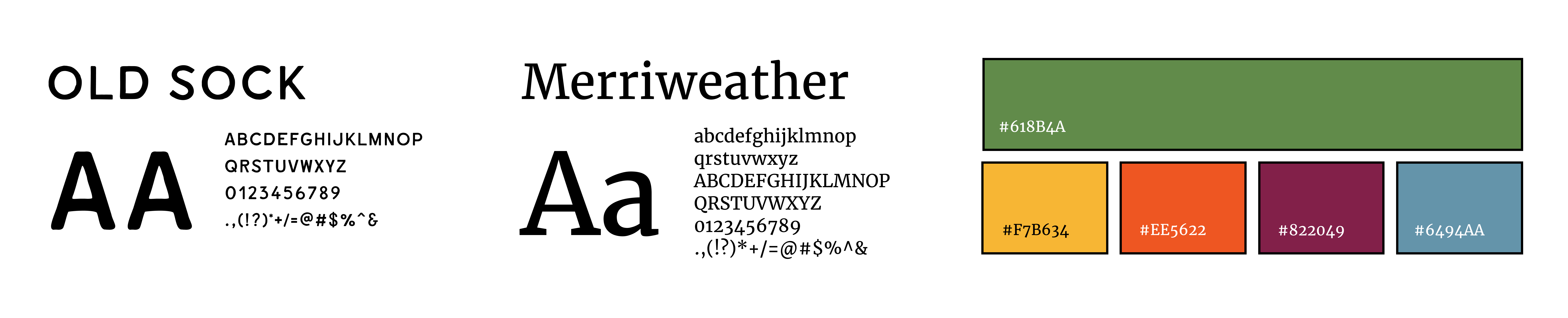 typography and color palette - old sock, merriweather - green, yellow, orange, purple, blue