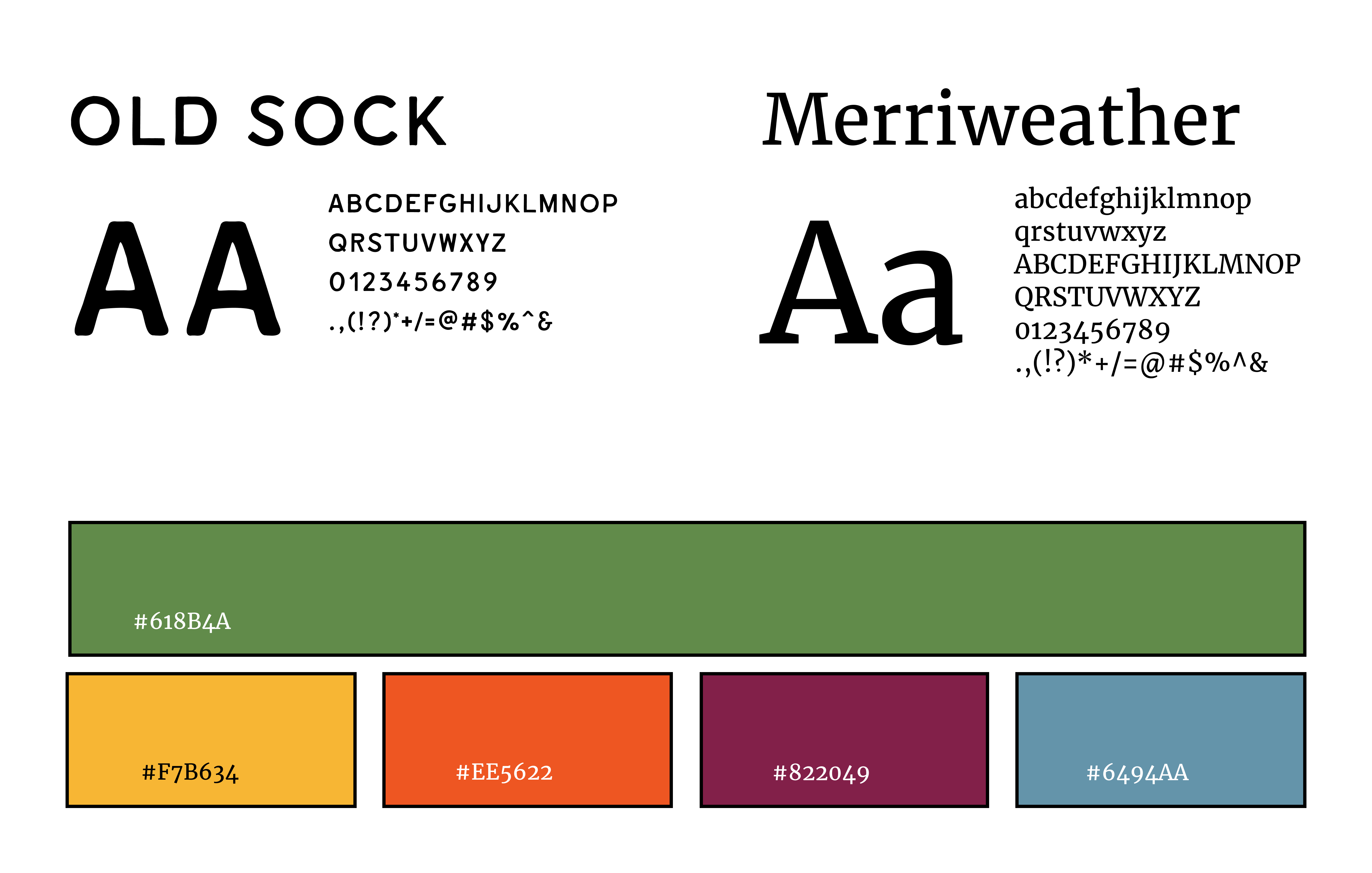 typography and color palette - old sock, merriweather - green, yellow, orange, purple, blue