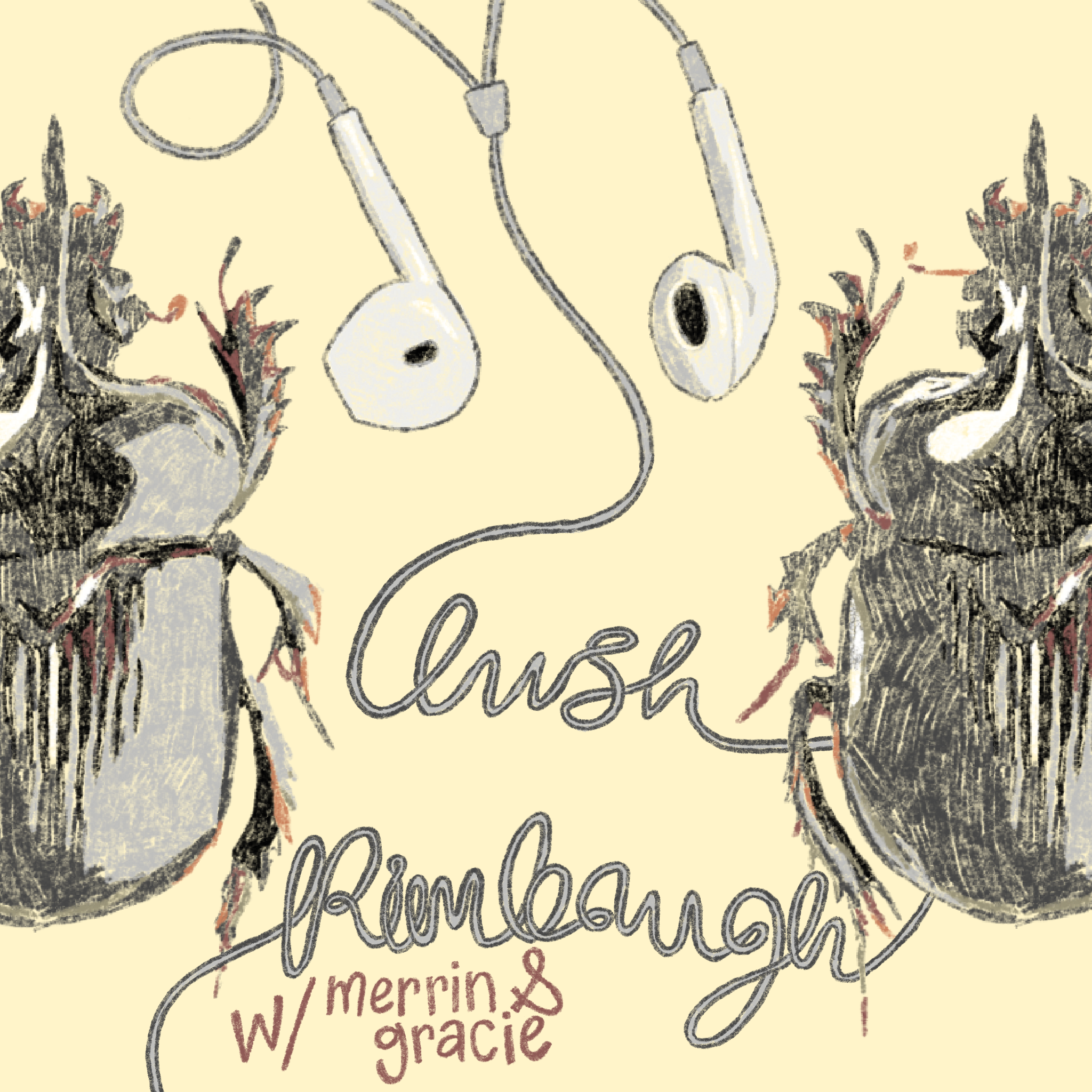 two beetles and wired apple headphones spelling 'lush rimbaugh'