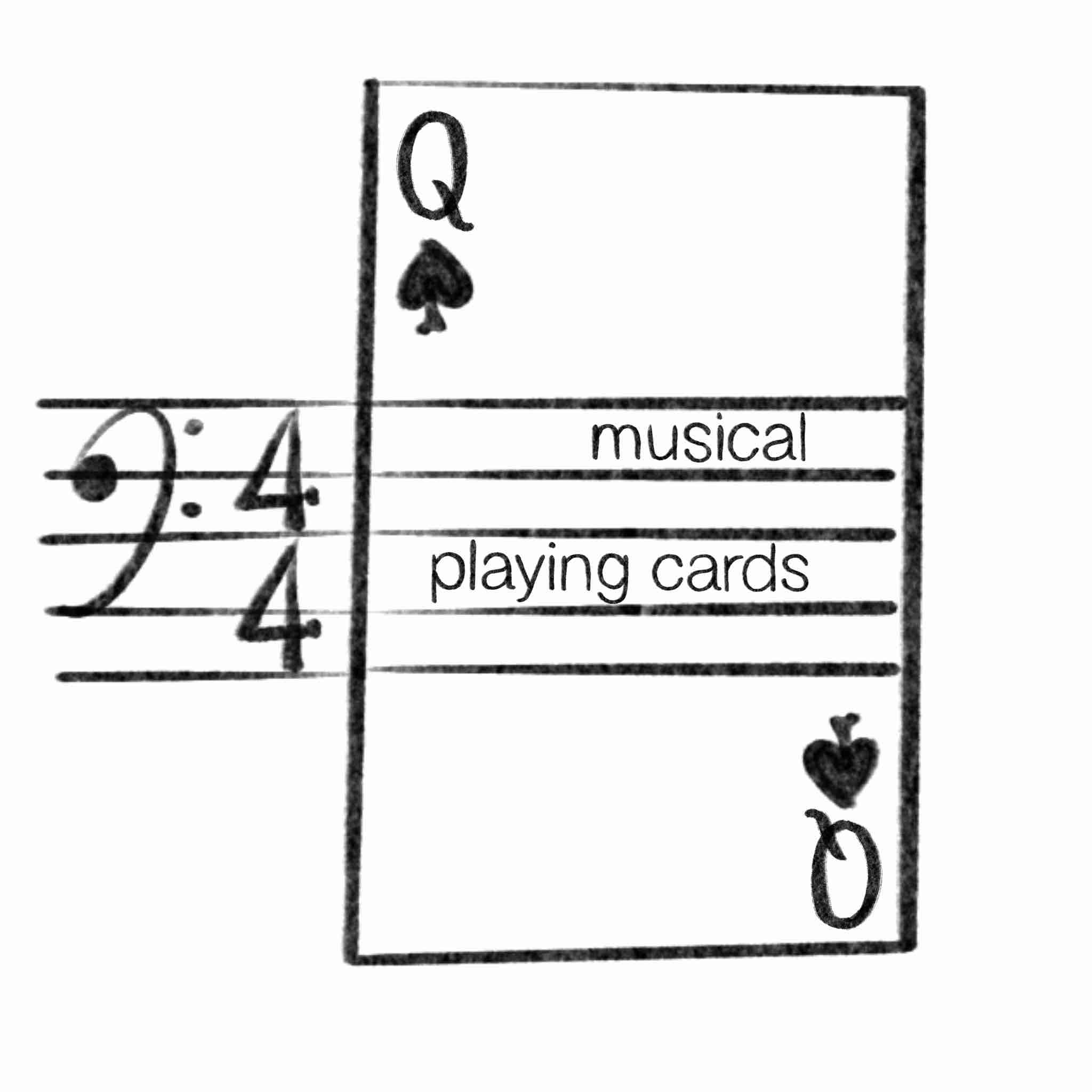 musical playing cards logo - queen of spades with overlaid sheet music lines