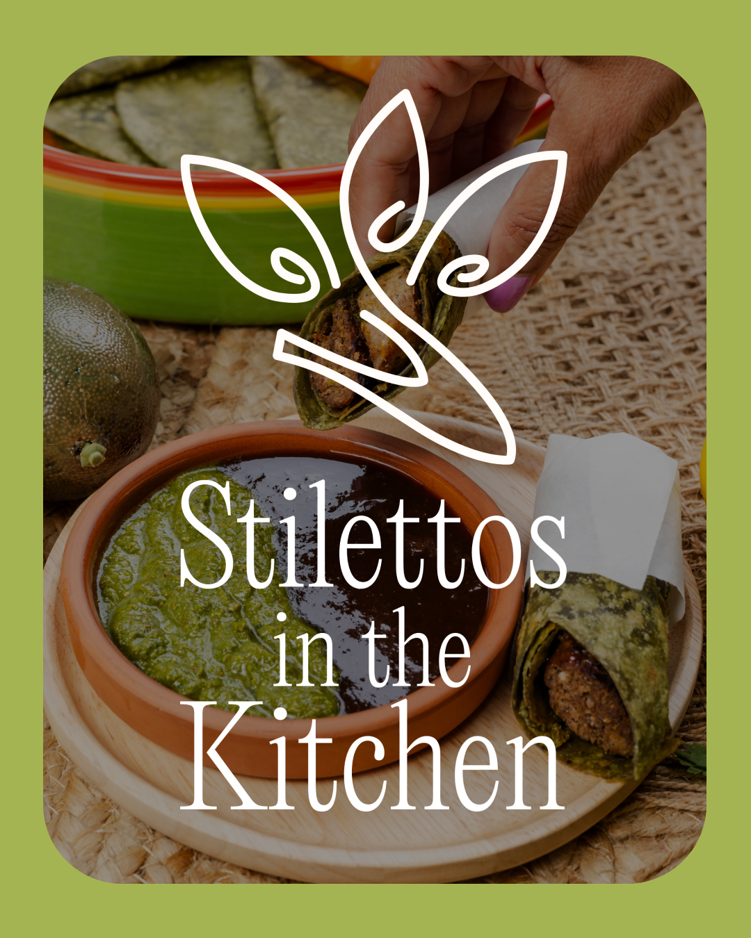 logo example one: logo and name in text over a photo of sauce with green border