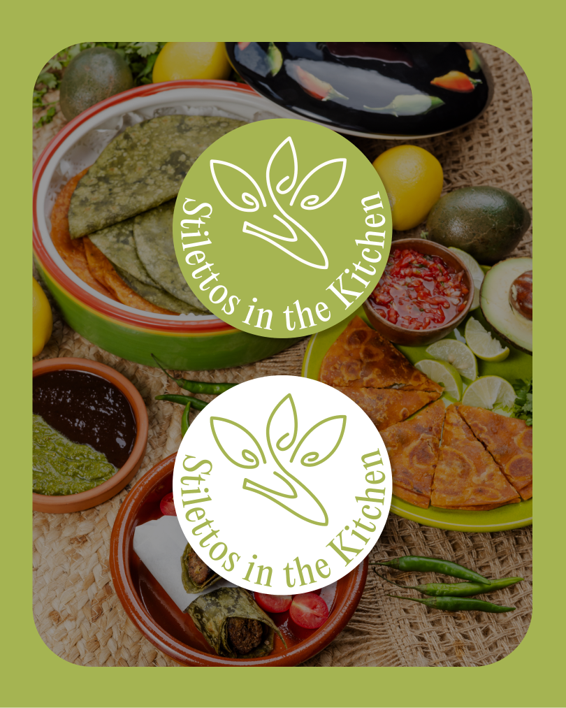 logo example three: two logos, white on green and green on white, over a photo of food with a green border