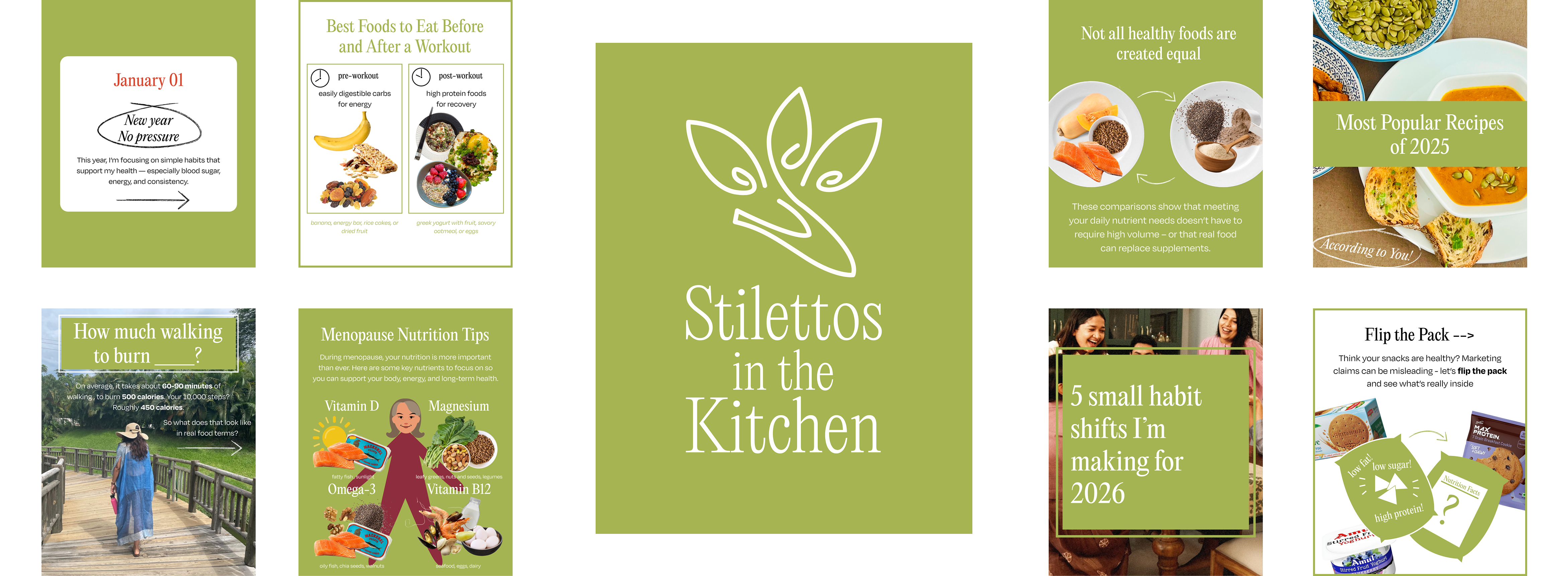 the stilettos in the kitchen logo, an outline of a shoe and two leaves, and pictures of several instagram posts from the instagram