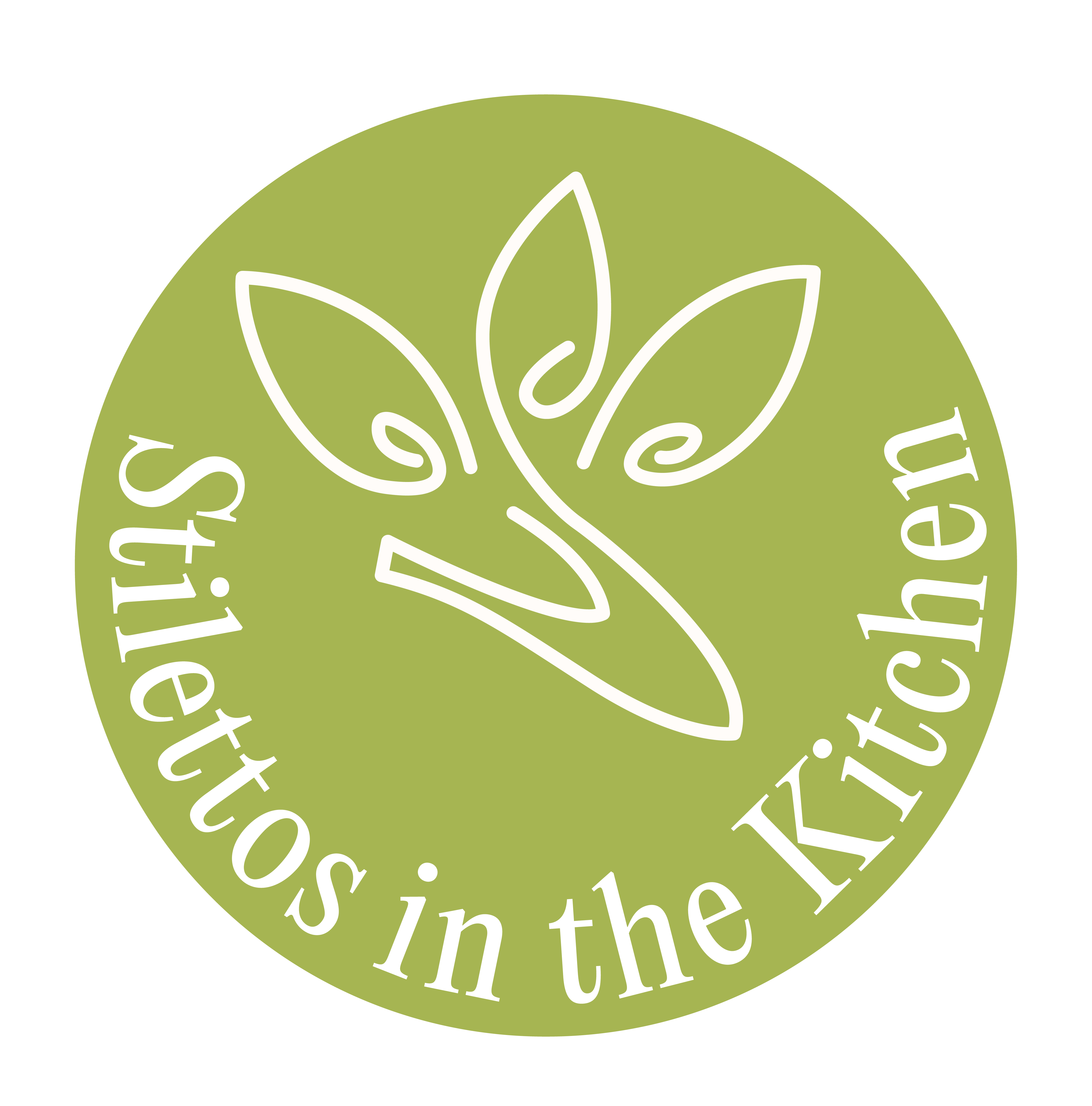 stilettos logo, an outline of a shoe and two leaves, in a circle with stilettos in the kitchen text below