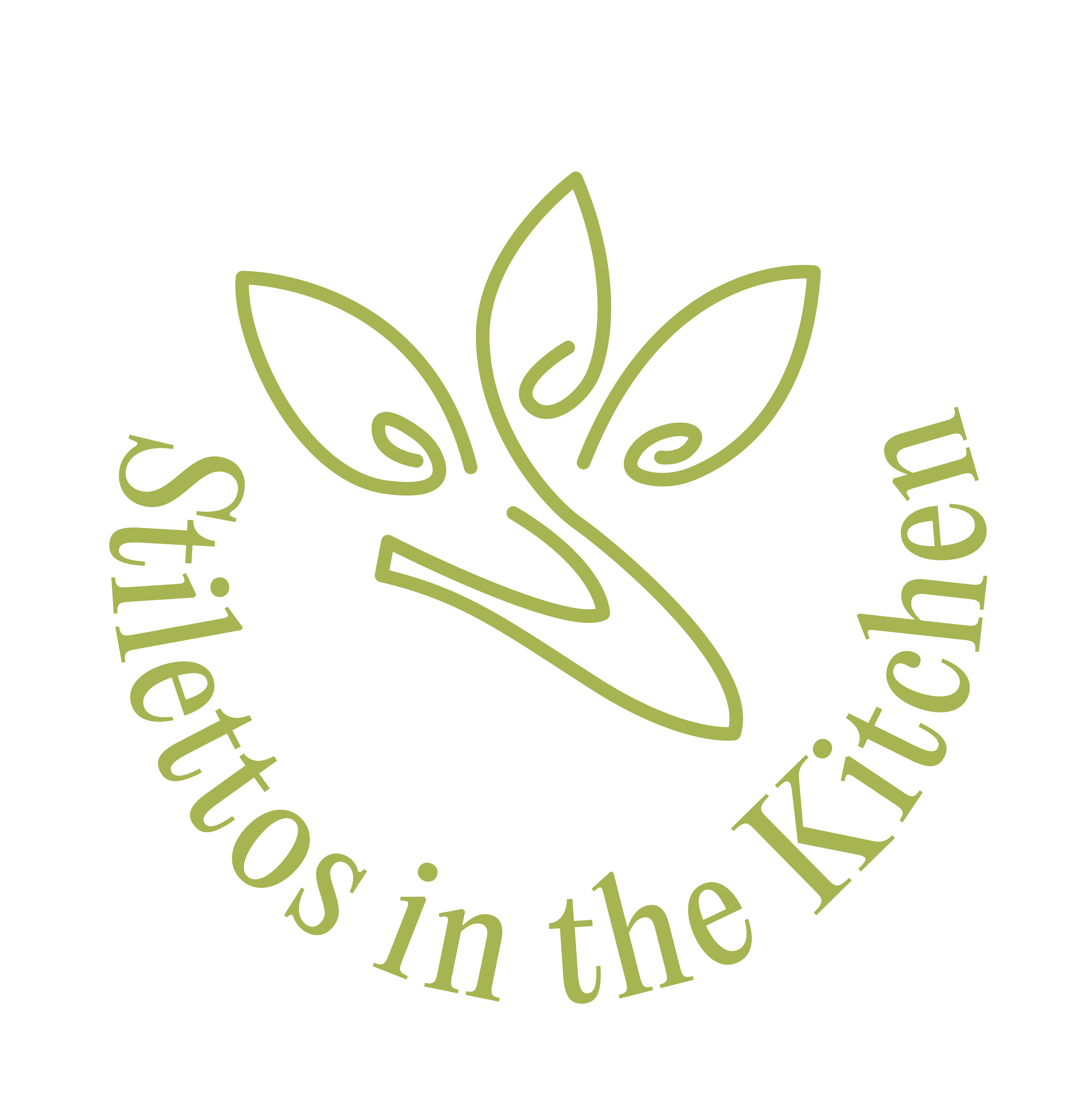 stilettos logo, an outline of a shoe and two leaves, in a circle with stilettos in the kitchen text below