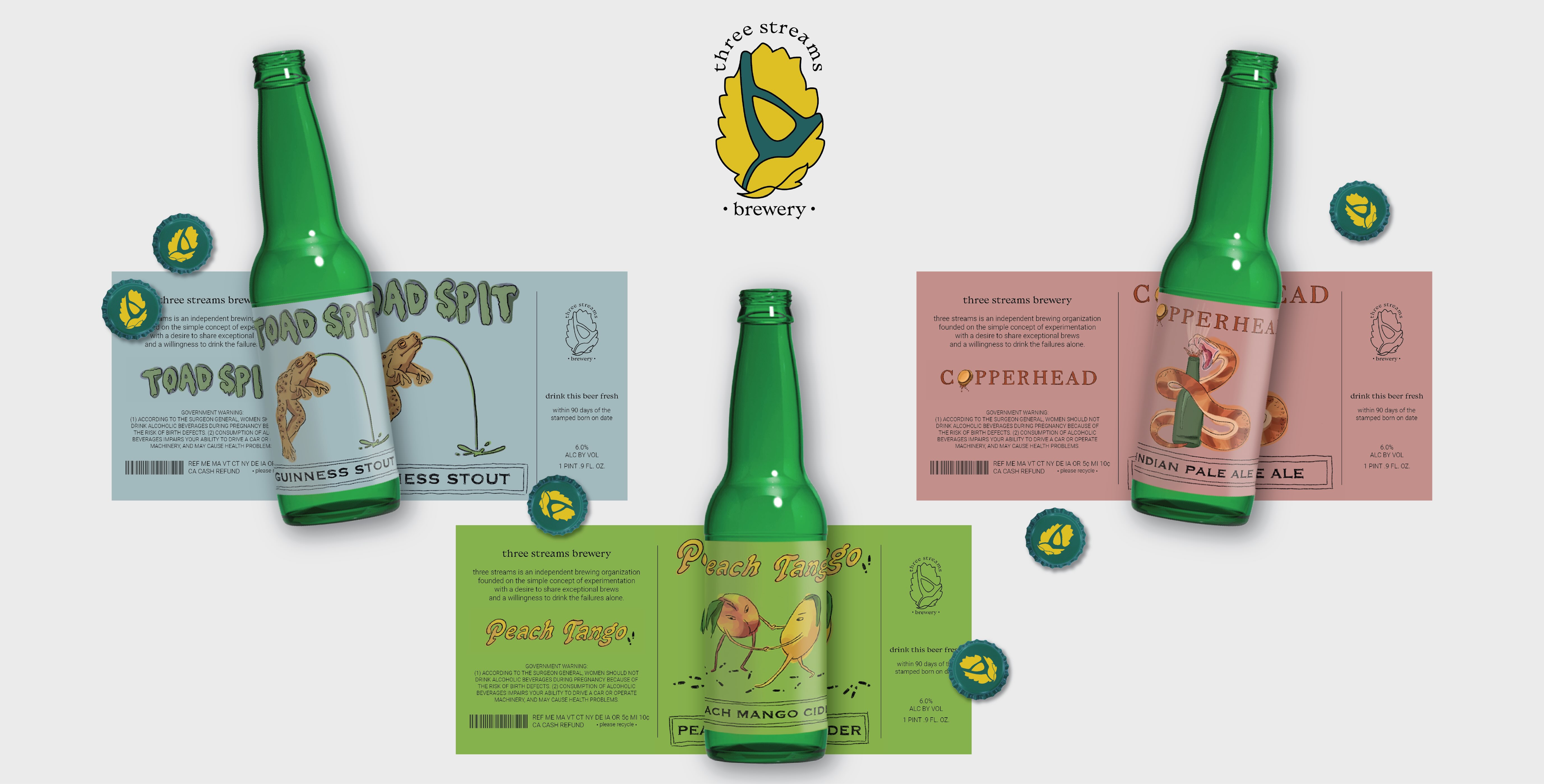beer bottles with illustrated labels, and branded bottle caps