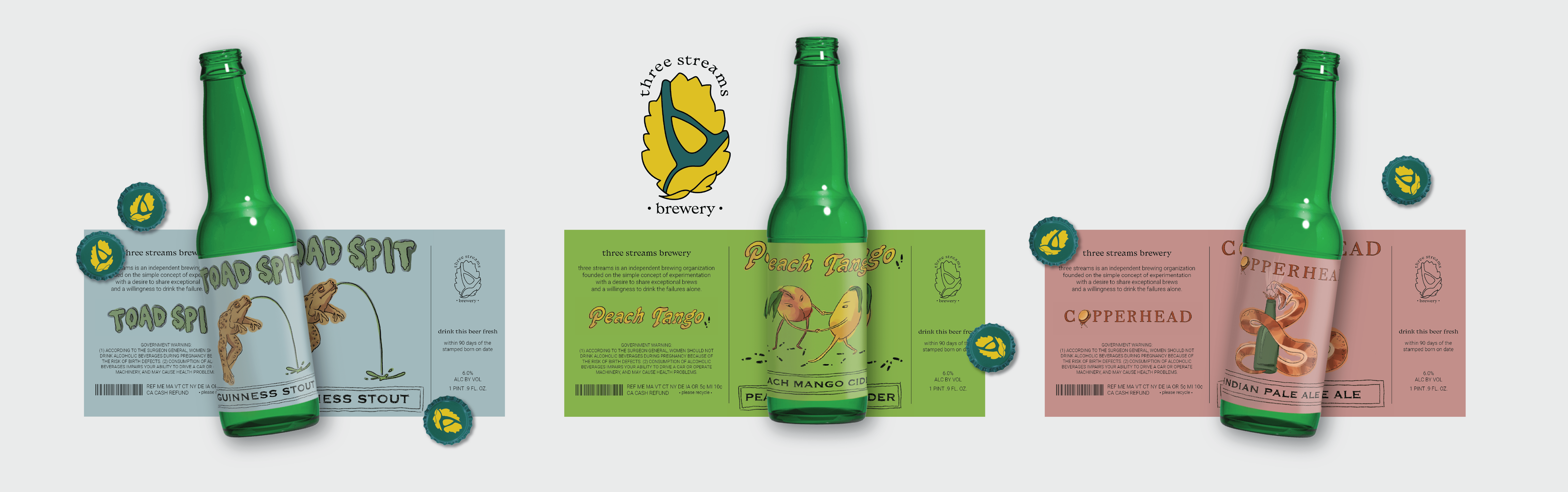 beer bottles with illustrated labels, and branded bottle caps