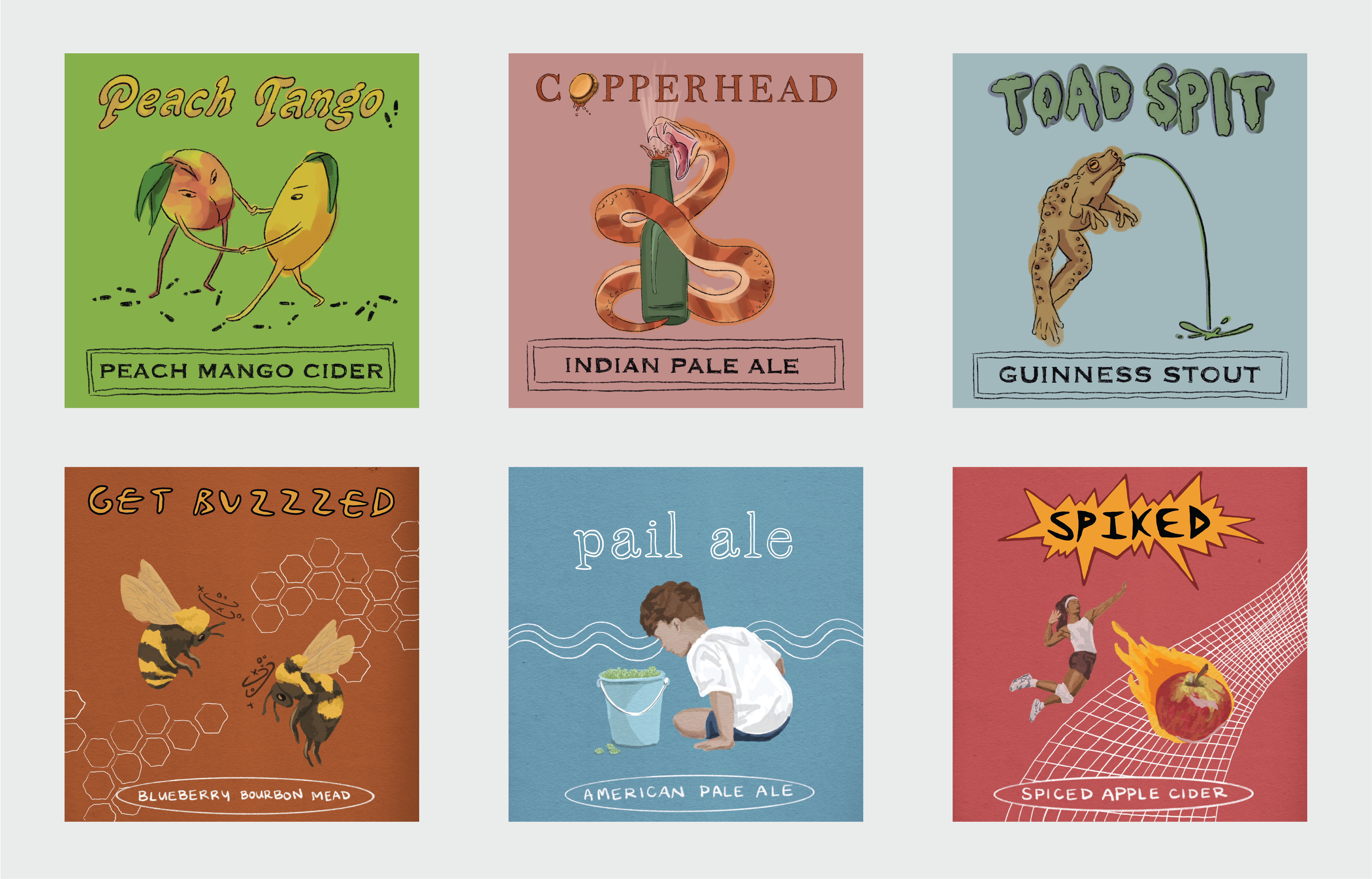 6 different labels for different brews: peach tango, copperhead, toad spit, get buzzed, pail ale, and spiked