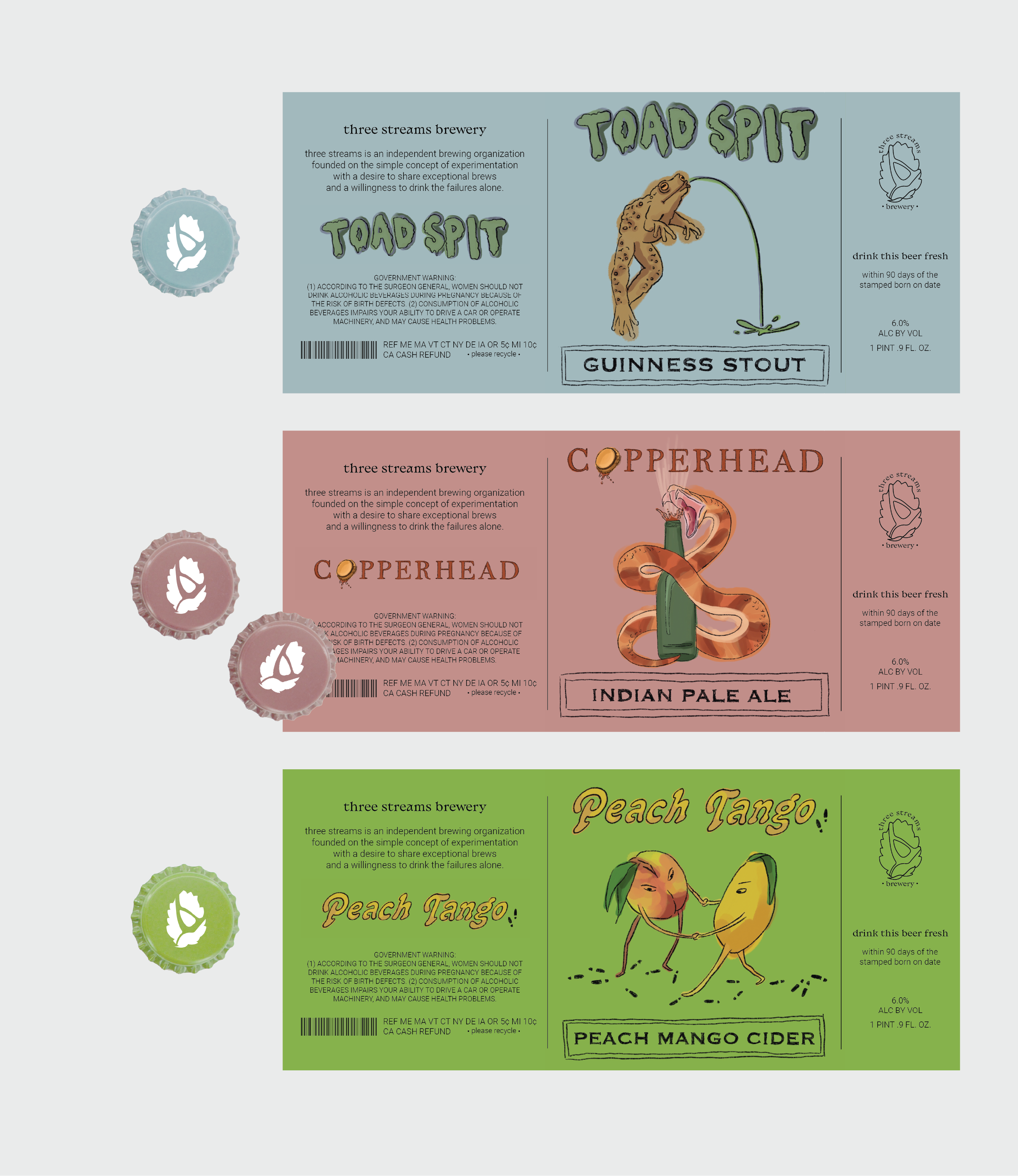 layout of labels with matching branded bottle caps