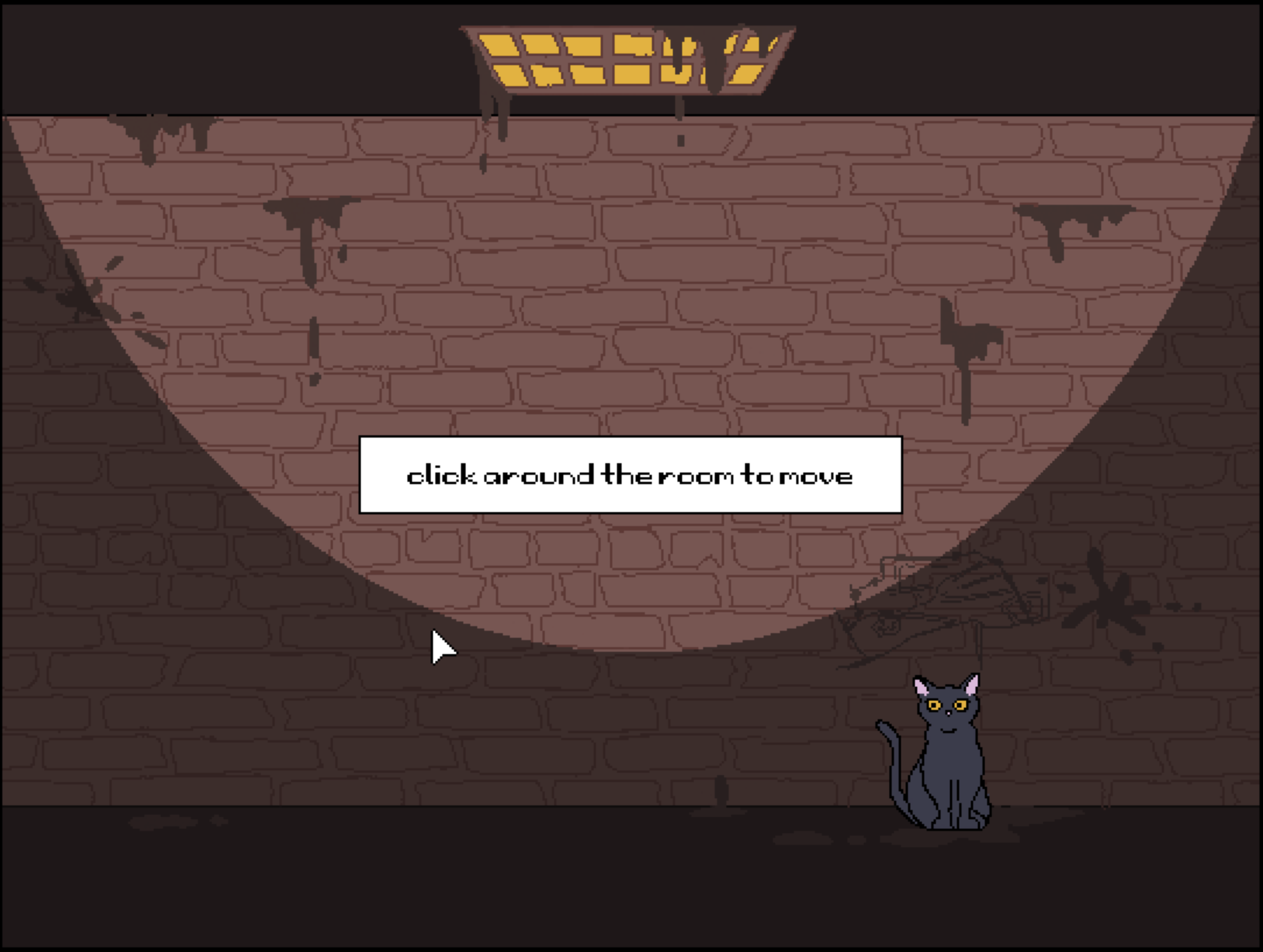 game screenshot - cat in room with instructions - click around the room to move