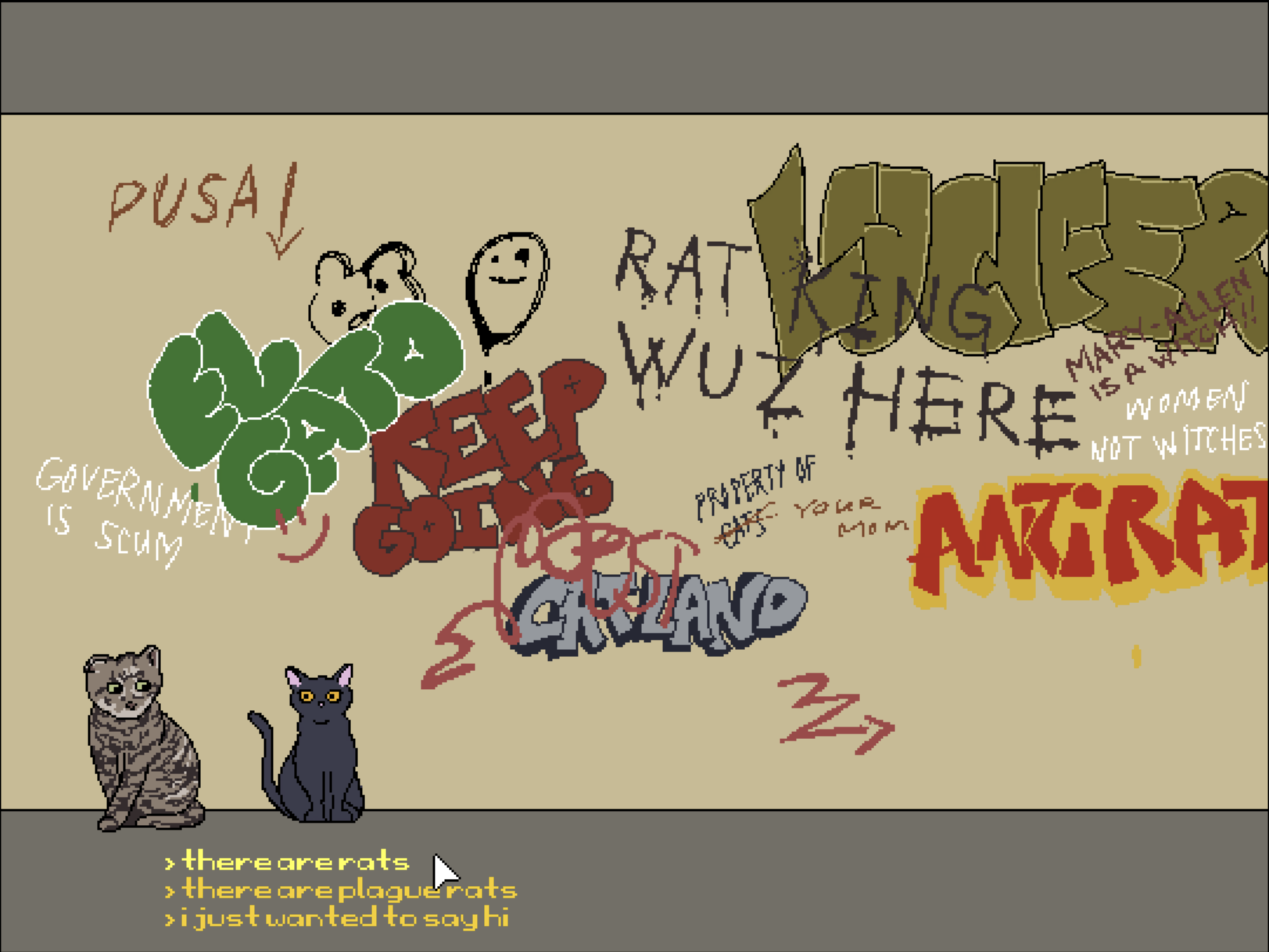 game screenshot - cat in graffiti covered room speaking with another cat