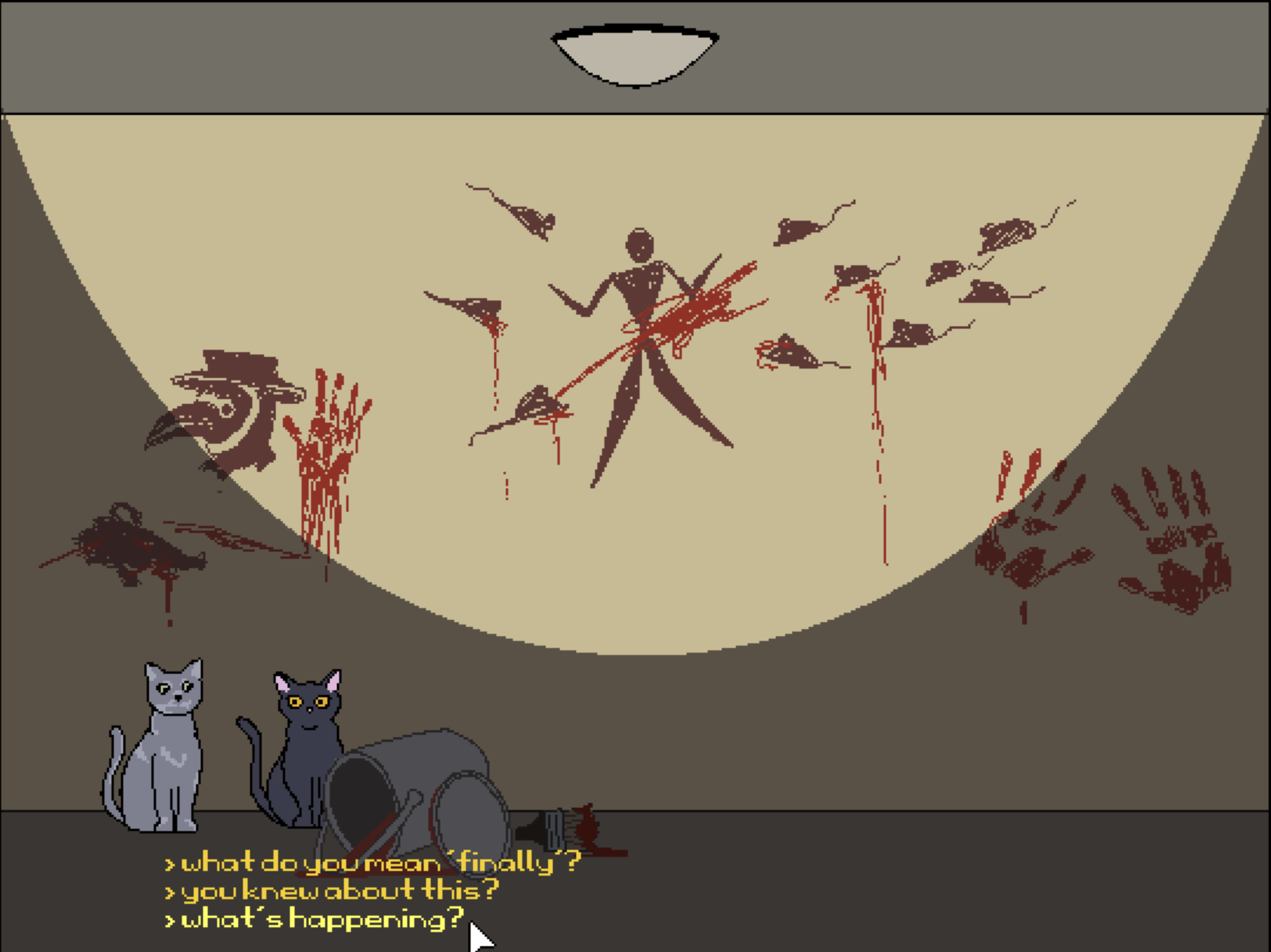 game screenshot - cat in room with strange cave painting-like art speaking with another cat