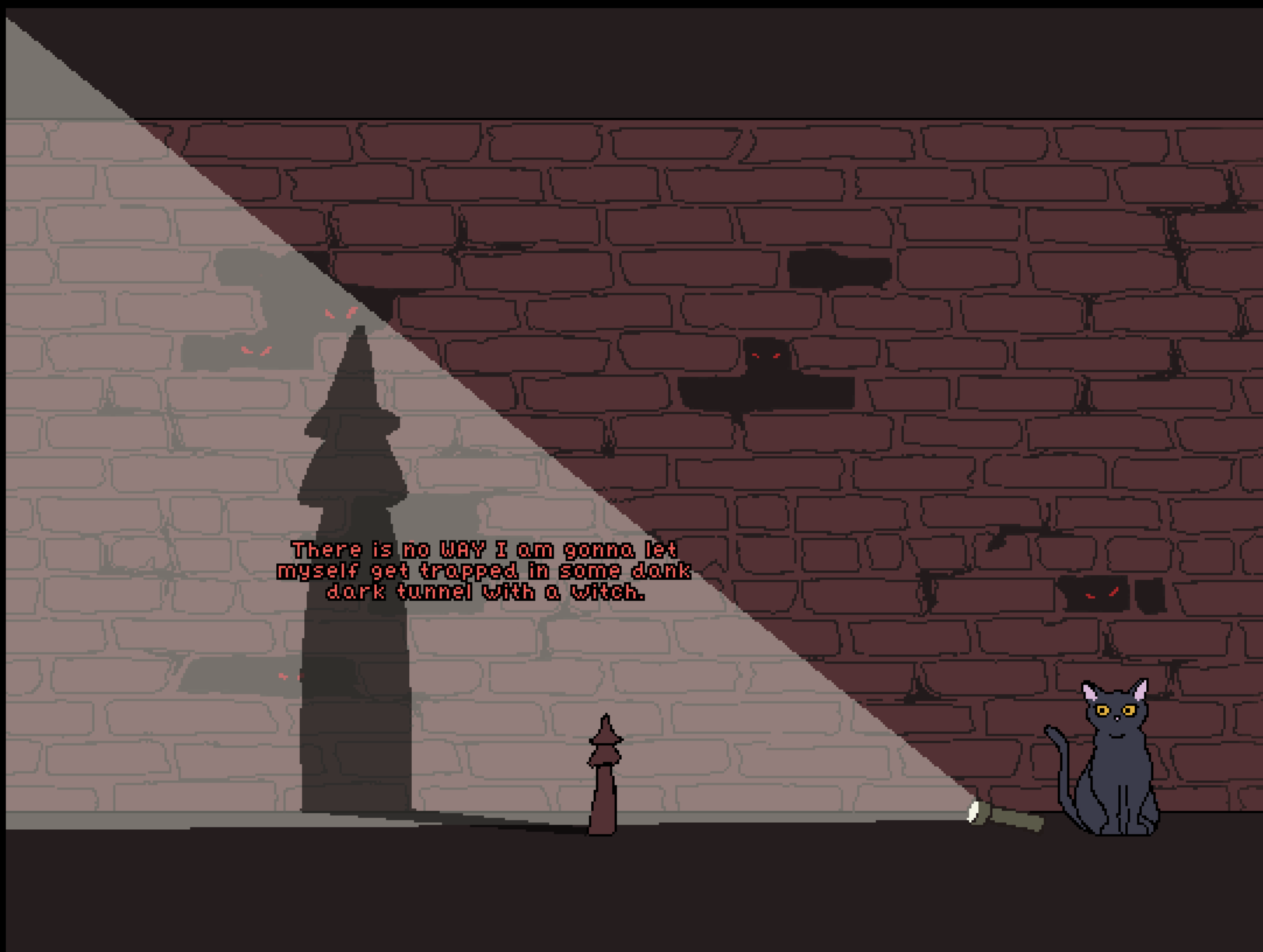 game screenshot - cat in room casting a witch-shaped shadow with a flashlight and some rocks