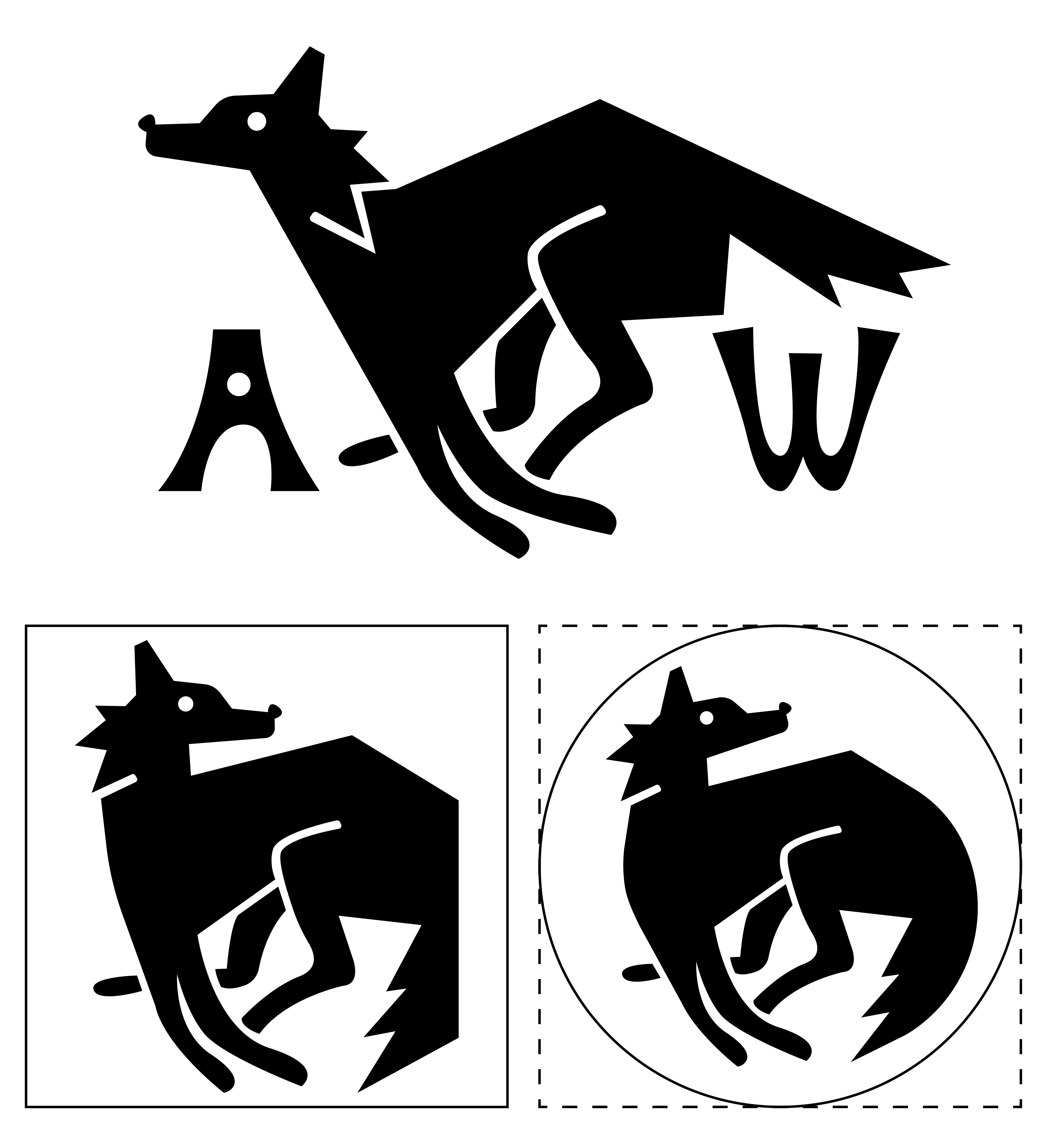 finalized wolf logos with three depicted - one running, one curled up for a square layout, and one curled up for a circular layout - and titles in custom lettering